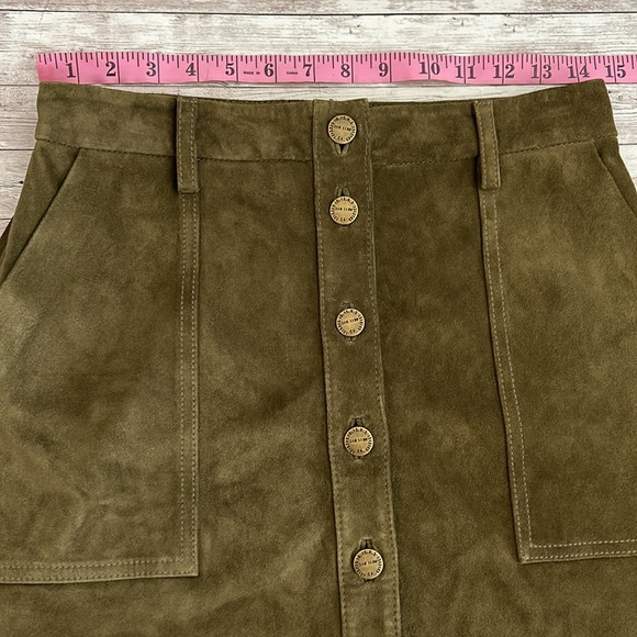 Current/Elliott The Leather Suede Button Front Naval Skirt in Olive Green - Picture 9 of 12